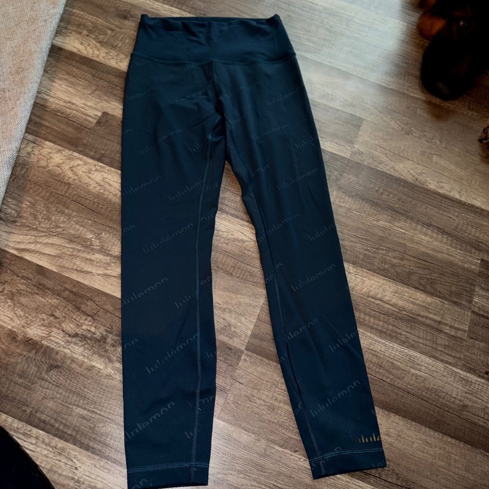 Lululemon Wunder Under High Rise Leggings Teal Green Script Logo Print Size 6